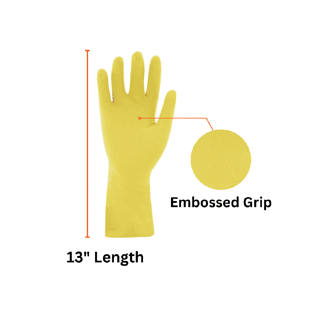 Latex Rubber Gloves – Yellow 18 mil Flock Lined with Embossed Grip and Pinked Cuff
