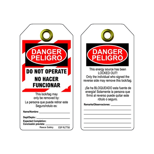 [ESPRLTT50] REECE  Danger Do Not Operate Bi-Lingual(ENG/ESP) Tough Tag (Pack of 10)