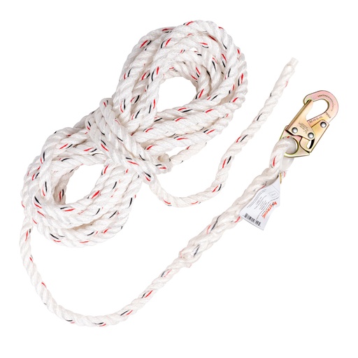 [UFR200050] 50 ft. Vertical White Polydac Rope Lifeline, Locking Snap hook on anchor end, other end cut and taped